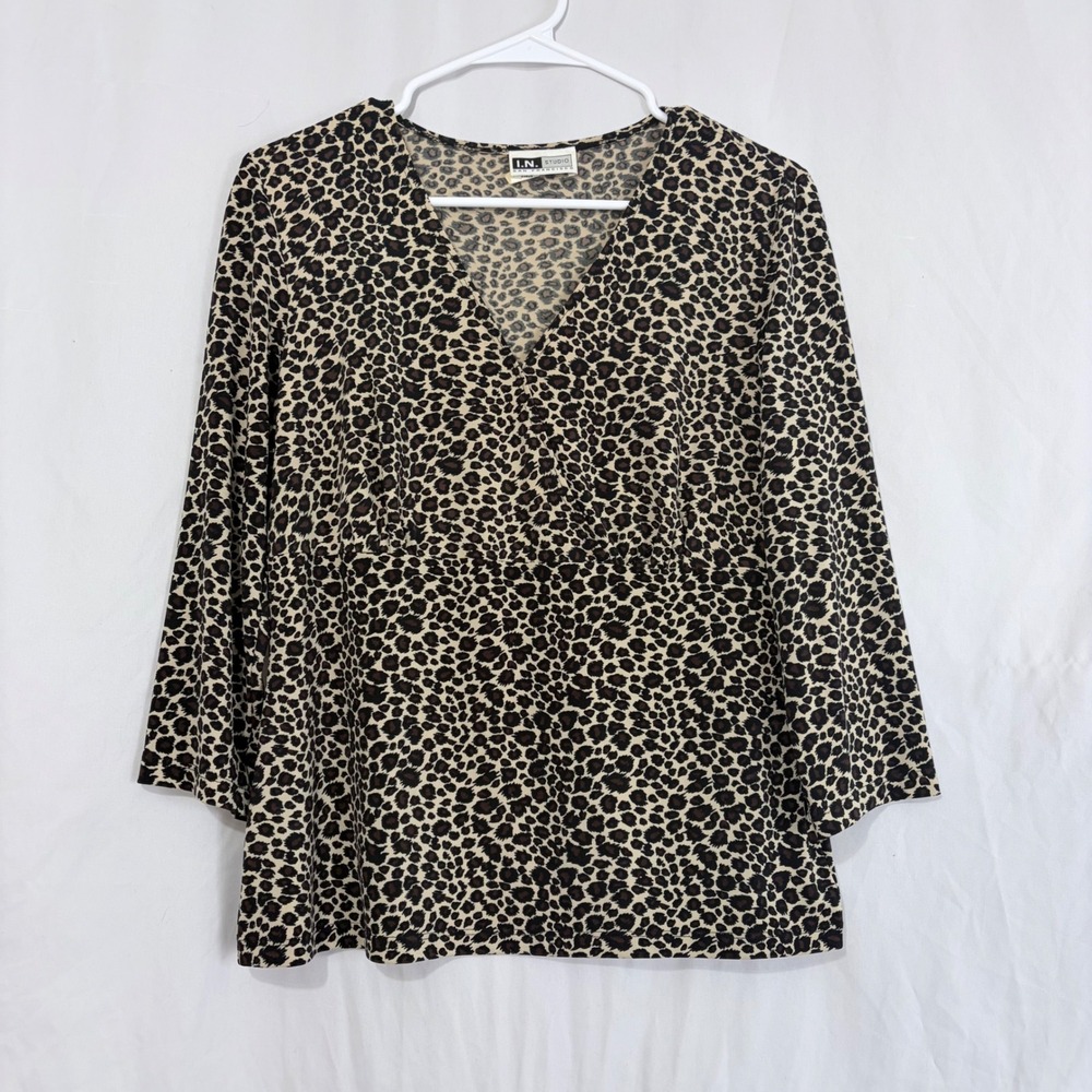 I.N. Studio San Francisco Leopard Print Peplum Blouse Womens V Neck Top
